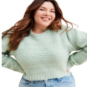 For Love & Lemons Green Cable Knit Cropped Sweater Balloon Sleeves NWT 2X